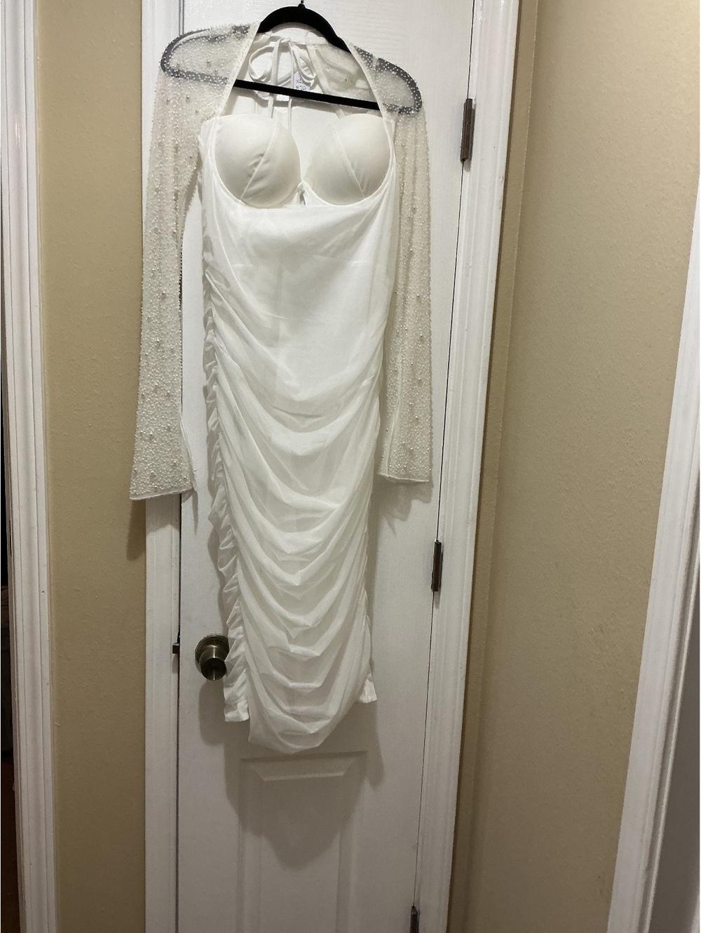 Elegant White Ruched Dress with Sheer Long Sleeve Overlay